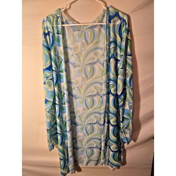 Womens Plus Size 4XL 4X 70s Vibe Duster Cardigan Blue Green Lightweight Coverup - Picture 1 of 3